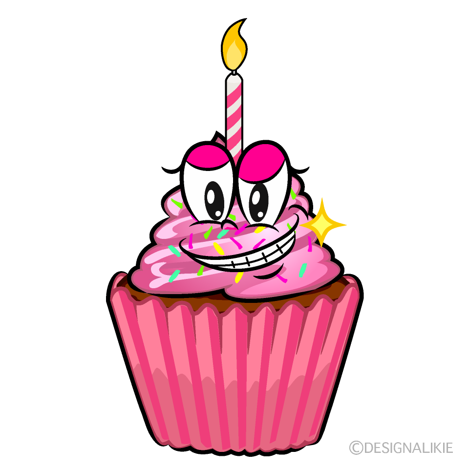 Grinning Birthday Cupcake Cartoon Character Image